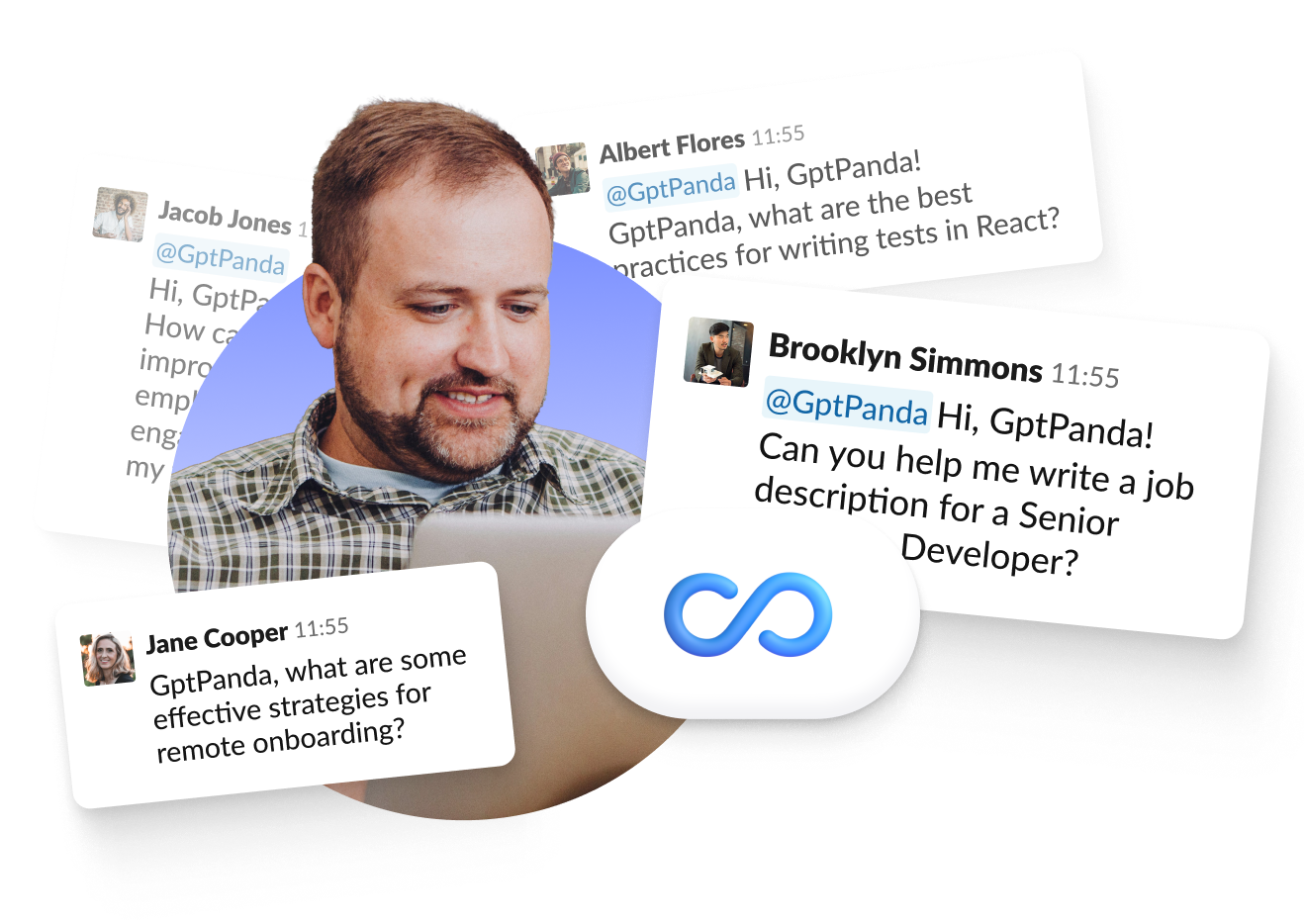 A man with a laptop with unlimited opened Slack messages and channels